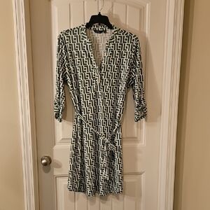 Green and White Sheath Dress with Plunge Neckline